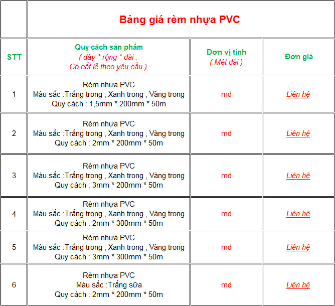 Bảng Giá Rèm Nhựa PVC